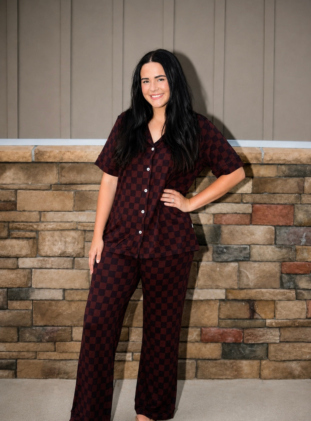 Mocha Checks Bamboo Button Down Pant Set