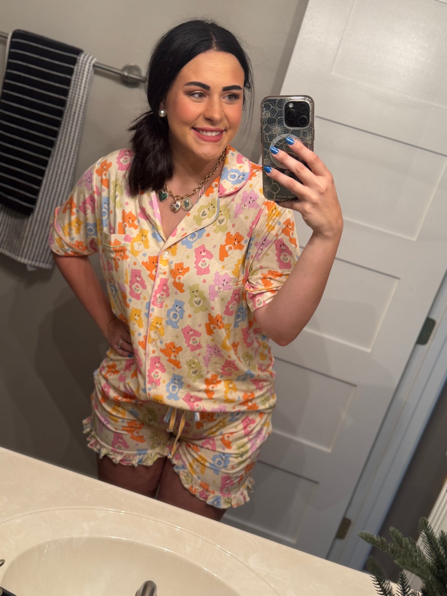 Blooming Bears Women’s Bamboo Button Down Ruffled Short set