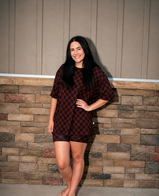 Mocha Checks Women’s Oversized Biker Daywear Set